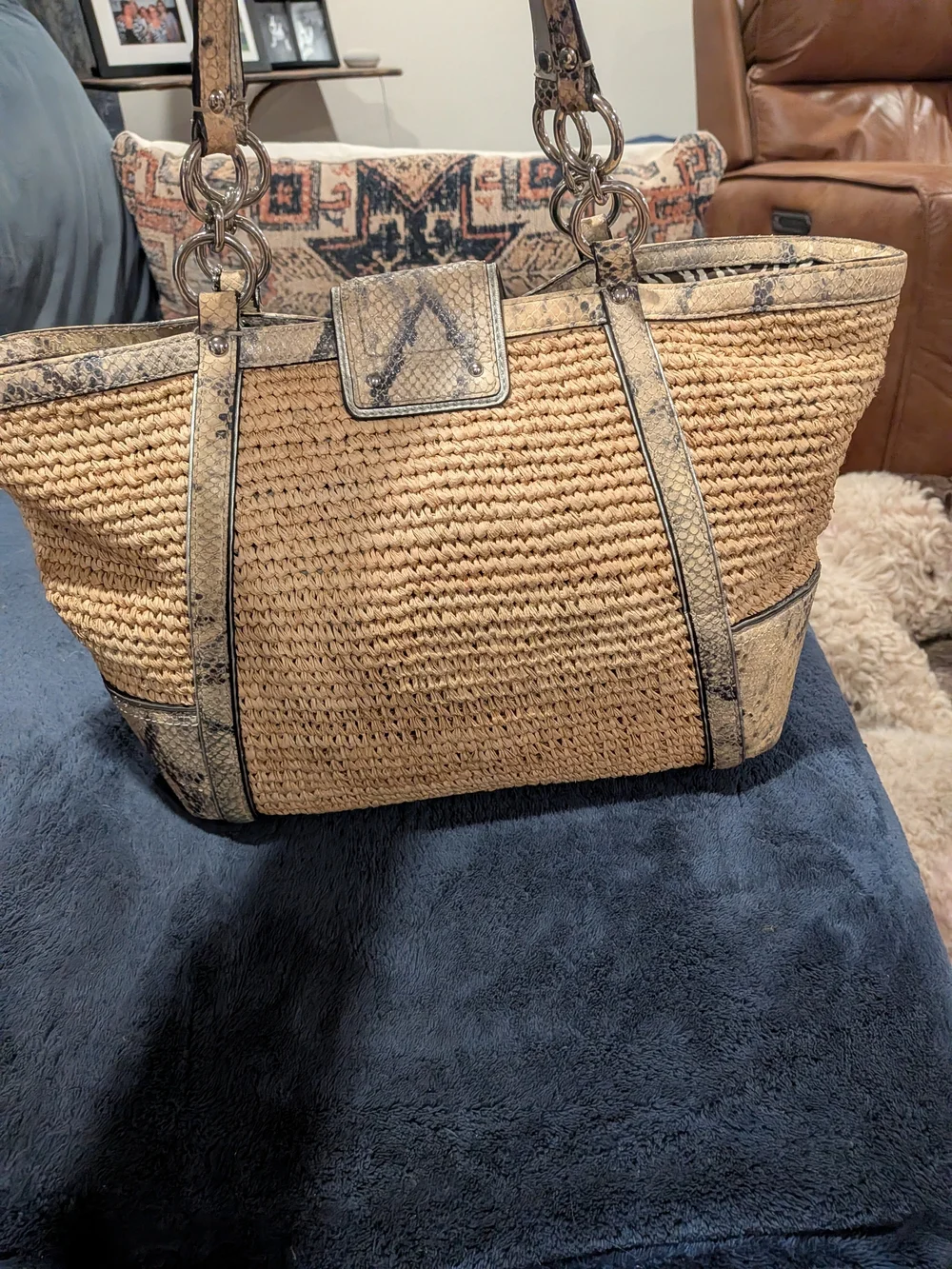 COACH Hampton Woven Straw Tote with Snakeskin Trim - Natural